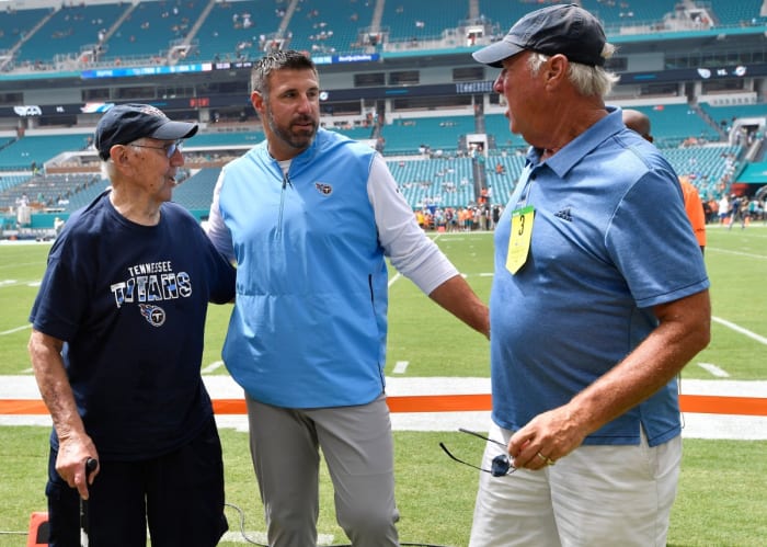 Titans head coach Mike Vrabel spends time with his grandfather, George, left, and father, Chuck, before the game against the Dolphins at Hard Rock Stadium Sunday, Sept. 9, 2018, in Miami Gardens, Fla.